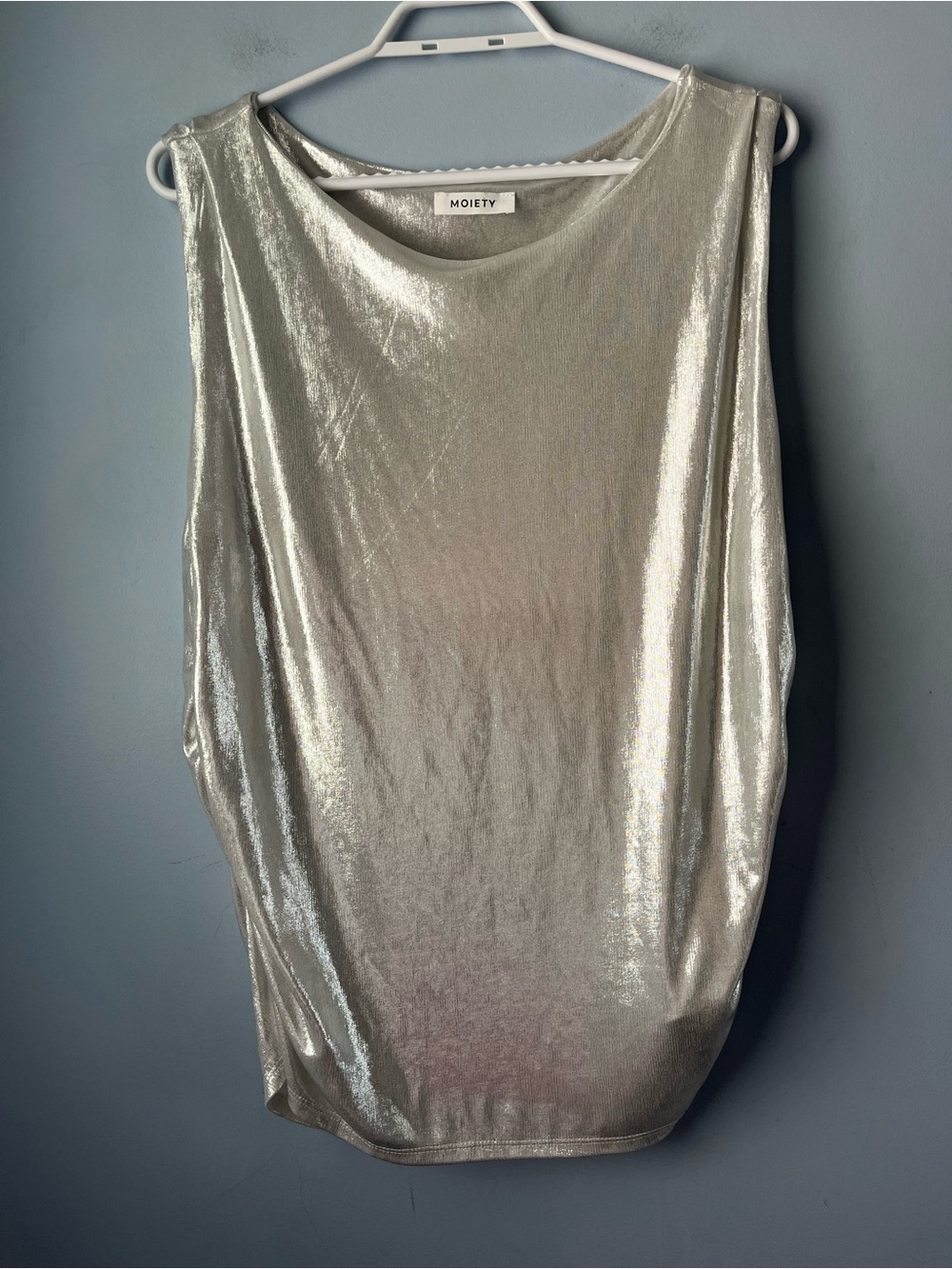 ✨ 3/$30 Moiety Silver Metallic Slinky Sleeveless Shimmer Top Ruched Size 1X